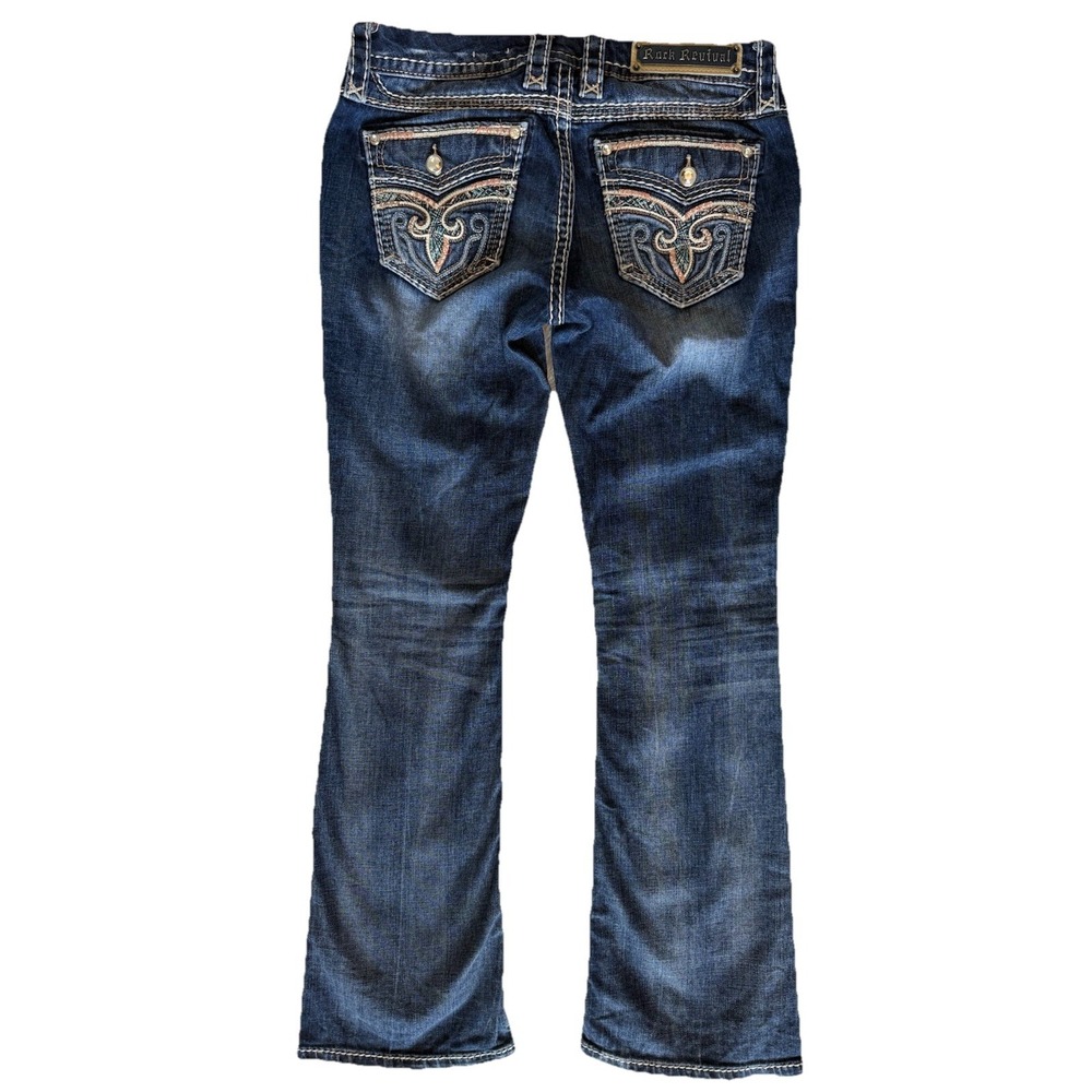Rock Revival Women's 29 Tall Low Rise Bootcut Jeans Embroidered Flap Pocket dark